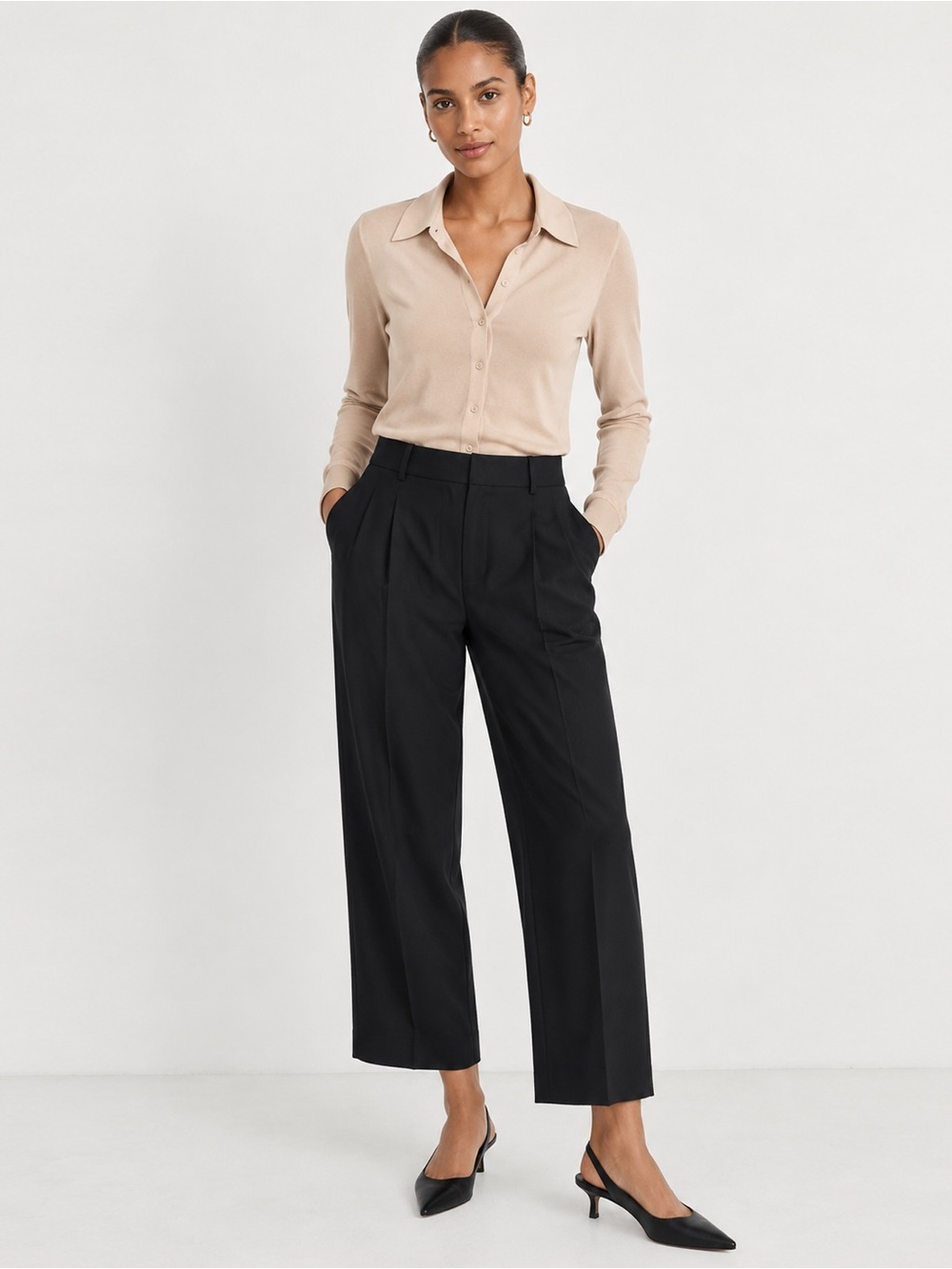 Kit and Ace - Wool Cashmere Cropped Wide Leg Trousers Pants - Black